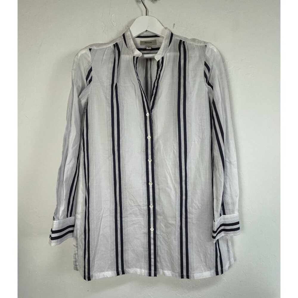 Faconnable Womens White & Navy Striped Long Sleeve Button-Up Tunic Shirt Medium
